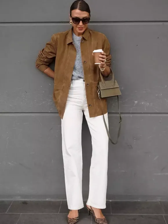 Veste-chemise femme en faux daim beige - Haut oversize rétro à poches cargo - Style streetwear décontracté printemps 2026