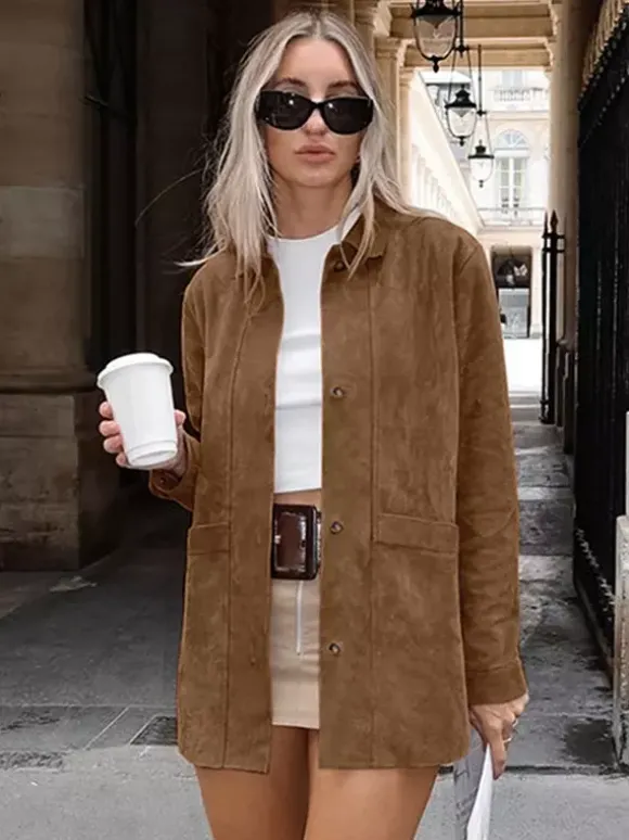 Veste-chemise femme en faux daim beige - Haut oversize rétro à poches cargo - Style streetwear décontracté printemps 2026