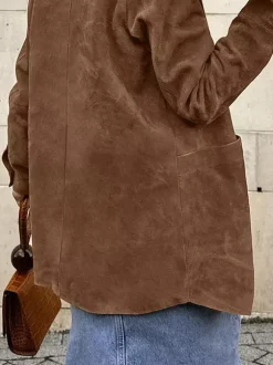 Veste-chemise femme en faux daim beige - Haut oversize rétro à poches cargo - Style streetwear décontracté printemps 2026