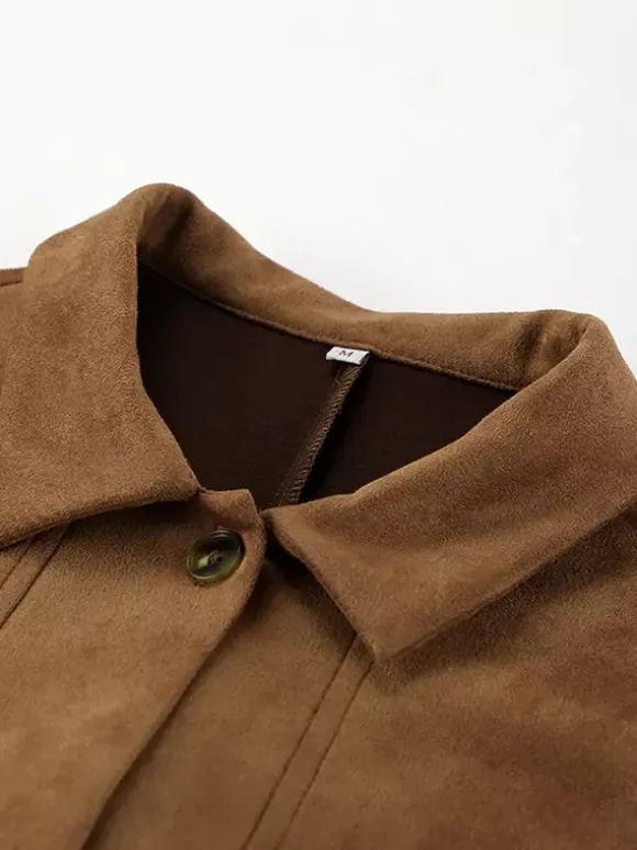 Veste-chemise femme en faux daim beige - Haut oversize rétro à poches cargo - Style streetwear décontracté printemps 2026