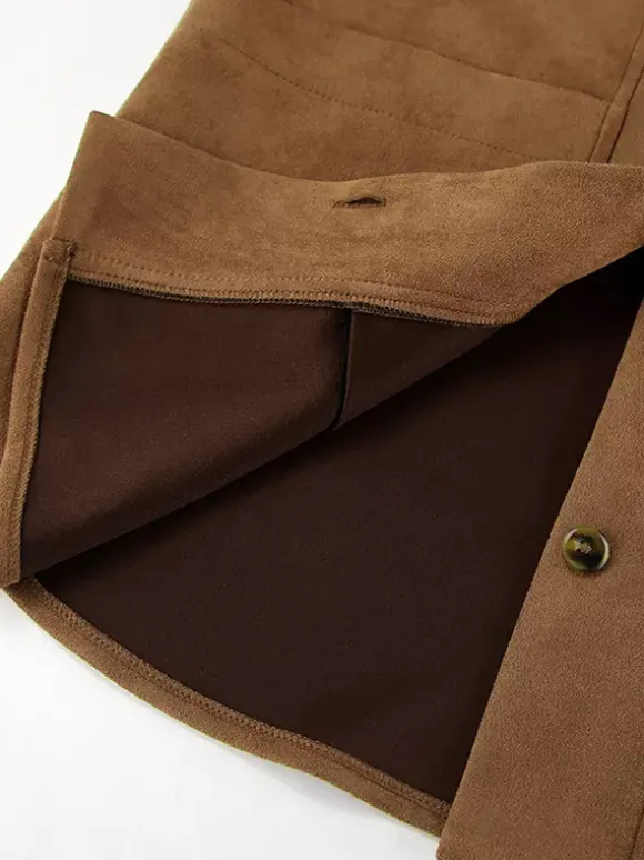 Veste-chemise femme en faux daim beige - Haut oversize rétro à poches cargo - Style streetwear décontracté printemps 2026