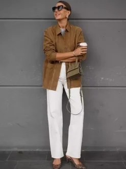 Veste-chemise femme en faux daim beige - Haut oversize rétro à poches cargo - Style streetwear décontracté printemps 2026