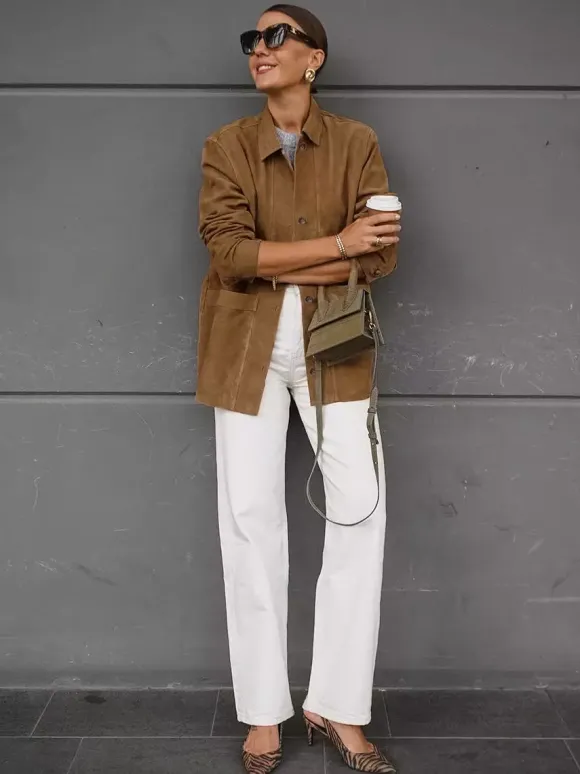 Veste-chemise femme en faux daim beige - Haut oversize rétro à poches cargo - Style streetwear décontracté printemps 2026