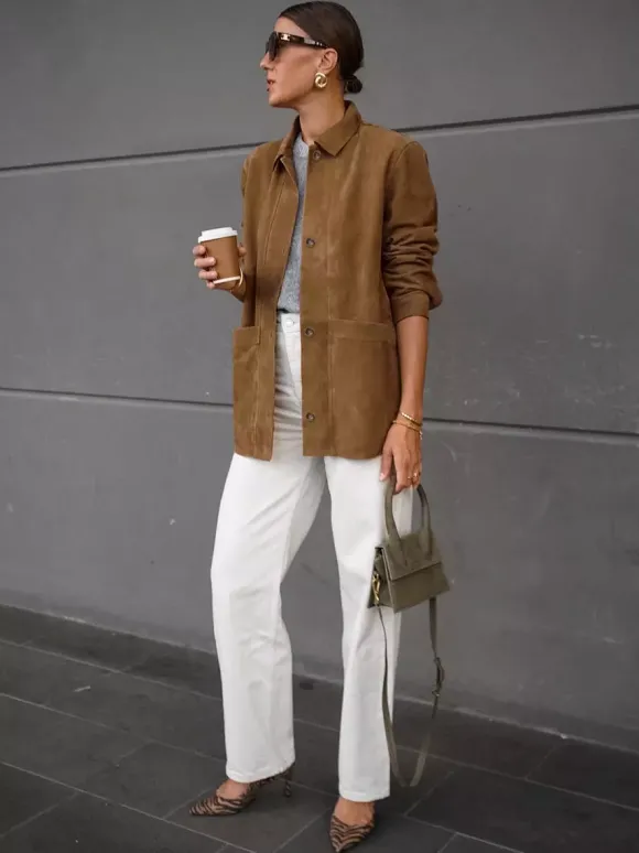 Veste-chemise femme en faux daim beige - Haut oversize rétro à poches cargo - Style streetwear décontracté printemps 2026