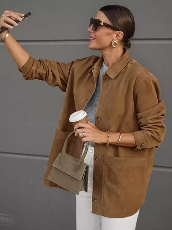 Veste-chemise femme en faux daim beige - Haut oversize rétro à poches cargo - Style streetwear décontracté printemps 2026