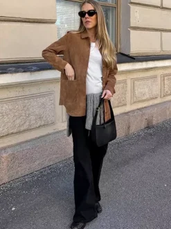 Veste-chemise femme en faux daim beige - Haut oversize rétro à poches cargo - Style streetwear décontracté printemps 2026