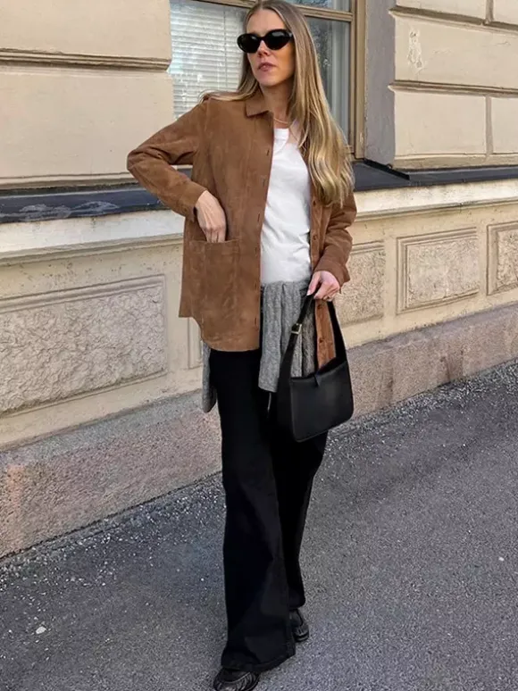Veste-chemise femme en faux daim beige - Haut oversize rétro à poches cargo - Style streetwear décontracté printemps 2026