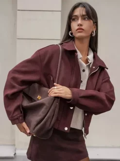 Veste courte en daim à épaules tombantes pour femme - Col montant fermeture éclair coupe ajustée - Tenues décontractées minimalistes pour le printemps 2026