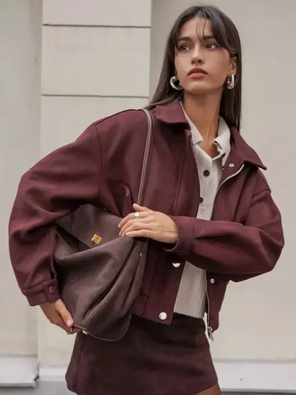 Veste courte en daim à épaules tombantes pour femme - Col montant fermeture éclair coupe ajustée - Tenues décontractées minimalistes pour le printemps 2026