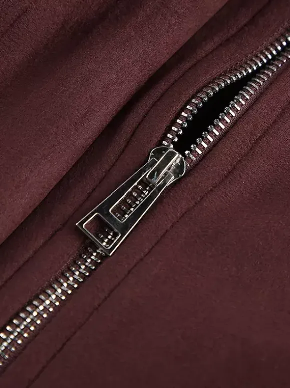 Veste courte en daim à épaules tombantes pour femme - Col montant fermeture éclair coupe ajustée - Tenues décontractées minimalistes pour le printemps 2026