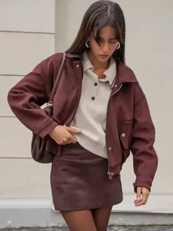 Veste courte en daim à épaules tombantes pour femme - Col montant fermeture éclair coupe ajustée - Tenues décontractées minimalistes pour le printemps 2026