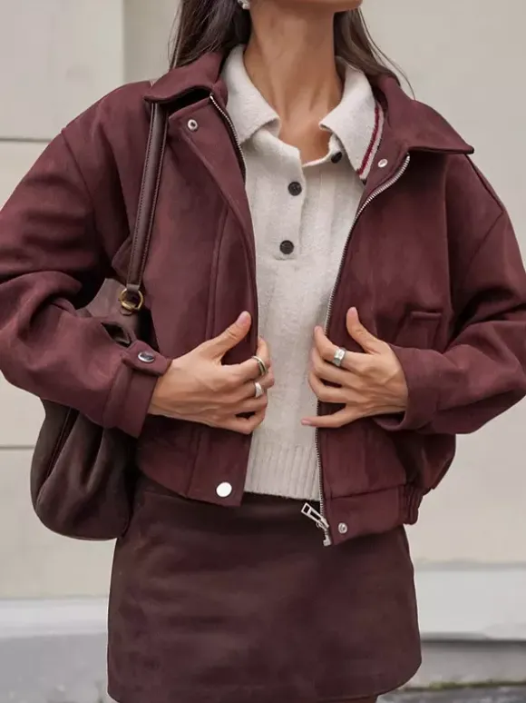 Veste courte en daim à épaules tombantes pour femme - Col montant fermeture éclair coupe ajustée - Tenues décontractées minimalistes pour le printemps 2026