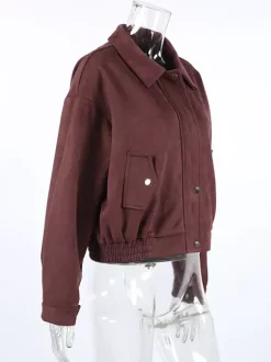 Veste courte en daim à épaules tombantes pour femme - Col montant fermeture éclair coupe ajustée - Tenues décontractées minimalistes pour le printemps 2026