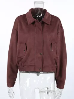 Veste courte en daim à épaules tombantes pour femme - Col montant fermeture éclair coupe ajustée - Tenues décontractées minimalistes pour le printemps 2026