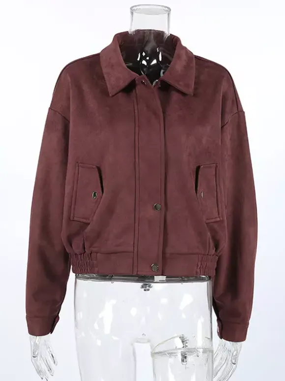 Veste courte en daim à épaules tombantes pour femme - Col montant fermeture éclair coupe ajustée - Tenues décontractées minimalistes pour le printemps 2026