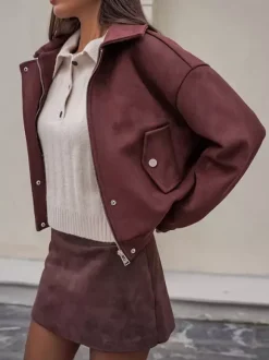 Veste courte en daim à épaules tombantes pour femme - Col montant fermeture éclair coupe ajustée - Tenues décontractées minimalistes pour le printemps 2026
