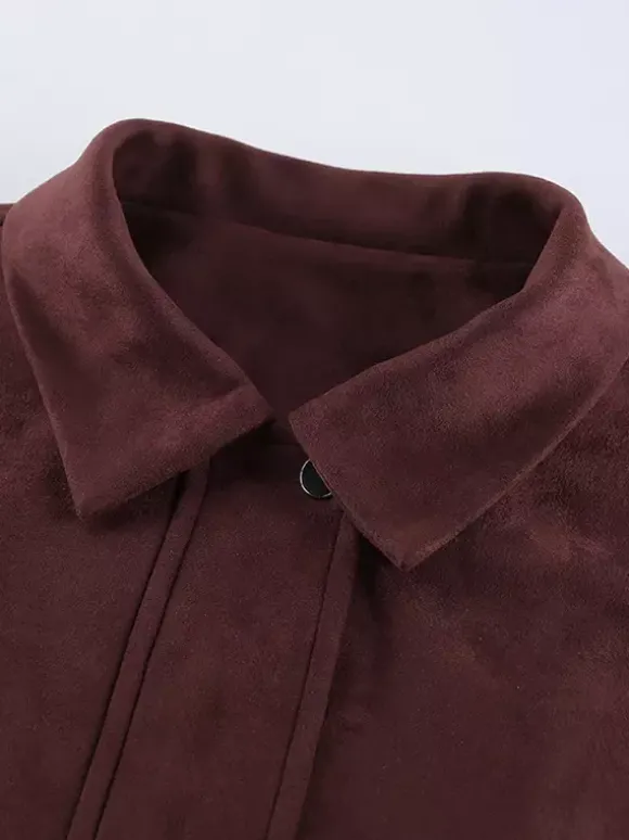 Veste courte en daim à épaules tombantes pour femme - Col montant fermeture éclair coupe ajustée - Tenues décontractées minimalistes pour le printemps 2026