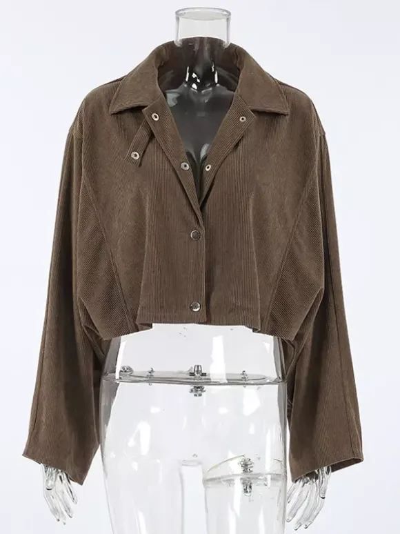Veste courte en velours côtelé marron pour femme - Haut utilitaire oversize - Style streetwear Maillard tenues décontractées du quotidien 2026