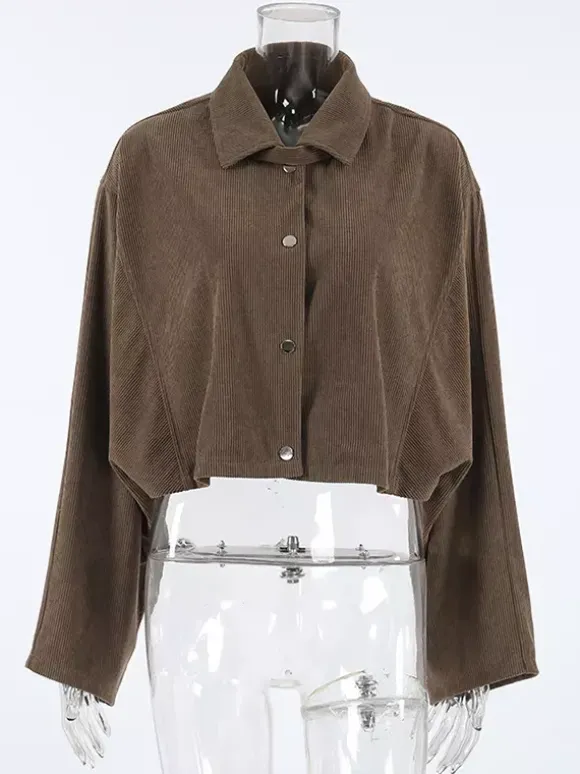 Veste courte en velours côtelé marron pour femme - Haut utilitaire oversize - Style streetwear Maillard tenues décontractées du quotidien 2026