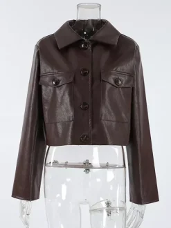 Veste courte femme en similicuir marron - Haut rétro à revers et boutons coupe carrée - Tenues décontractées printemps 2026