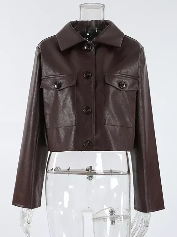 Veste courte femme en similicuir marron - Haut rétro à revers et boutons coupe carrée - Tenues décontractées printemps 2026
