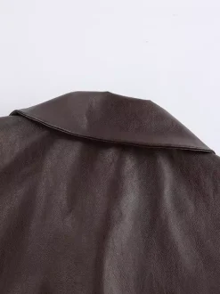 Veste courte femme en similicuir marron - Haut rétro à revers et boutons coupe carrée - Tenues décontractées printemps 2026