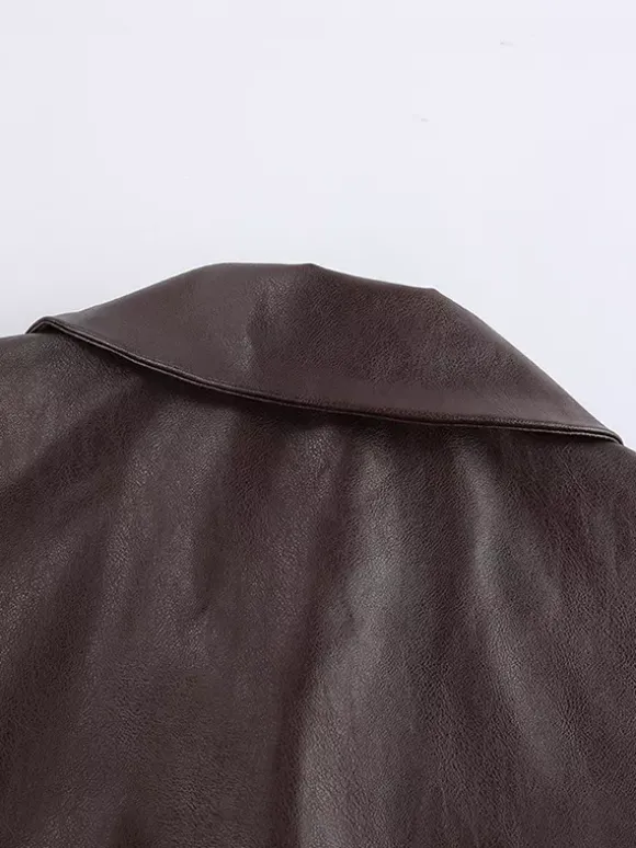 Veste courte femme en similicuir marron - Haut rétro à revers et boutons coupe carrée - Tenues décontractées printemps 2026