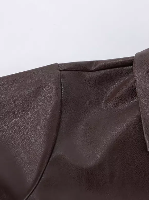 Veste courte femme en similicuir marron - Haut rétro à revers et boutons coupe carrée - Tenues décontractées printemps 2026