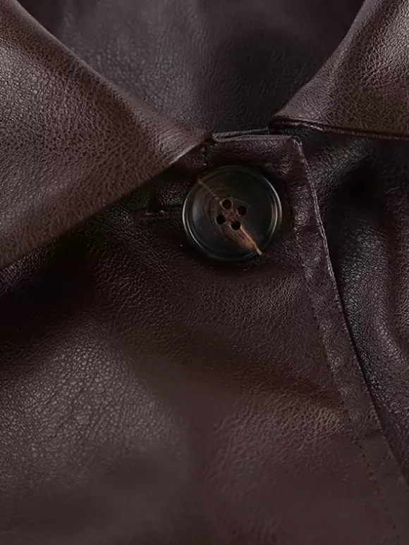 Veste courte femme en similicuir marron - Haut rétro à revers et boutons coupe carrée - Tenues décontractées printemps 2026