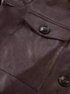 Veste courte femme en similicuir marron - Haut rétro à revers et boutons coupe carrée - Tenues décontractées printemps 2026