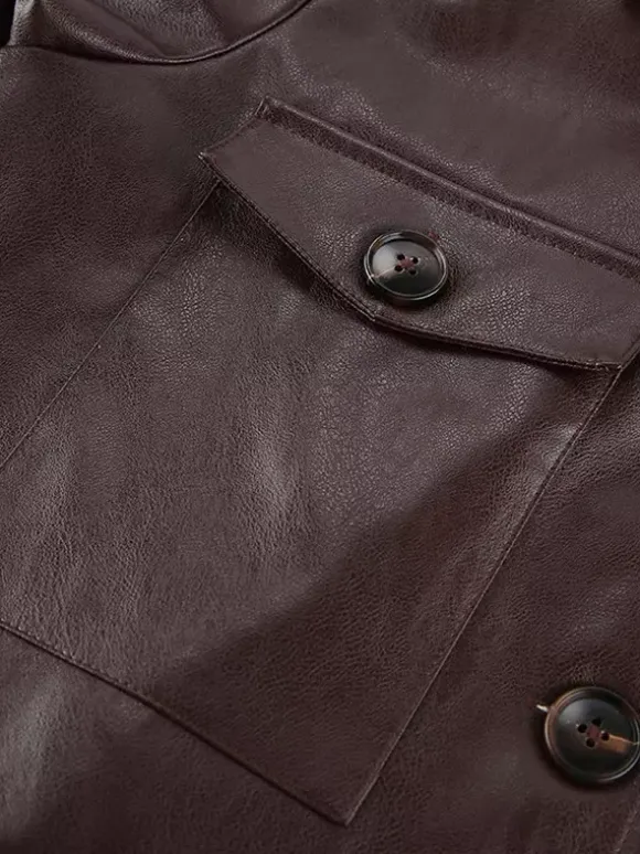 Veste courte femme en similicuir marron - Haut rétro à revers et boutons coupe carrée - Tenues décontractées printemps 2026