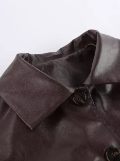 Veste courte femme en similicuir marron - Haut rétro à revers et boutons coupe carrée - Tenues décontractées printemps 2026