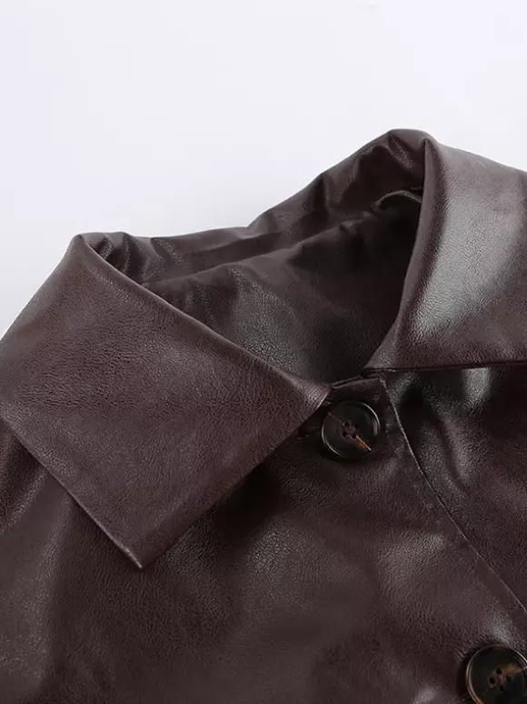 Veste courte femme en similicuir marron - Haut rétro à revers et boutons coupe carrée - Tenues décontractées printemps 2026