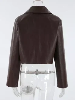 Veste courte femme en similicuir marron - Haut rétro à revers et boutons coupe carrée - Tenues décontractées printemps 2026