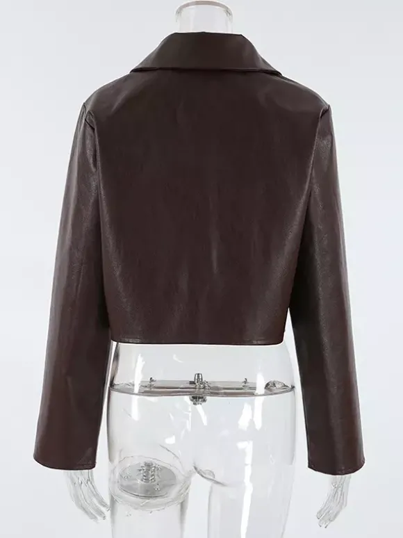 Veste courte femme en similicuir marron - Haut rétro à revers et boutons coupe carrée - Tenues décontractées printemps 2026