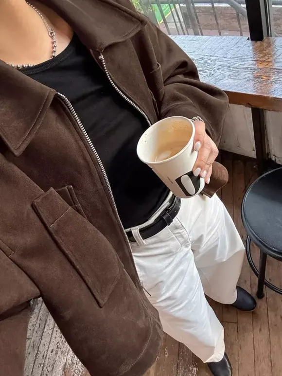 Veste courte oversize en faux daim à revers zippé et poches plaquées pour femme