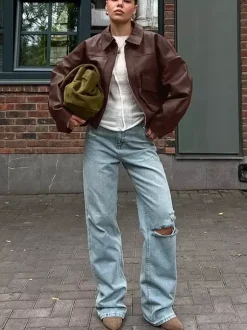 Veste de motarde femme en similicuir - Manteau moto rétro oversize à col à revers - Fermeture éclair vintage - Collection printemps 2026
