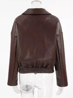 Veste de motarde femme en similicuir - Manteau moto rétro oversize à col à revers - Fermeture éclair vintage - Collection printemps 2026