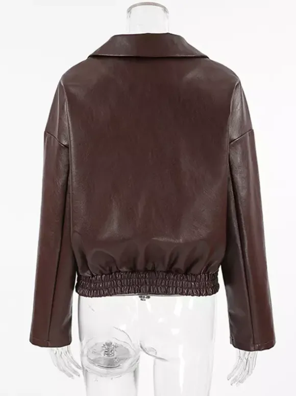 Veste de motarde femme en similicuir - Manteau moto rétro oversize à col à revers - Fermeture éclair vintage - Collection printemps 2026