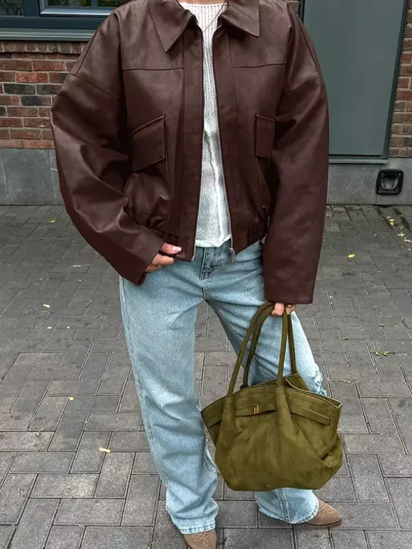 Veste de motarde femme en similicuir - Manteau moto rétro oversize à col à revers - Fermeture éclair vintage - Collection printemps 2026