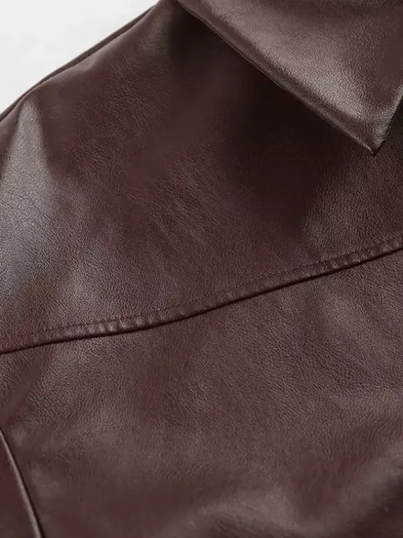Veste de motarde femme en similicuir - Manteau moto rétro oversize à col à revers - Fermeture éclair vintage - Collection printemps 2026