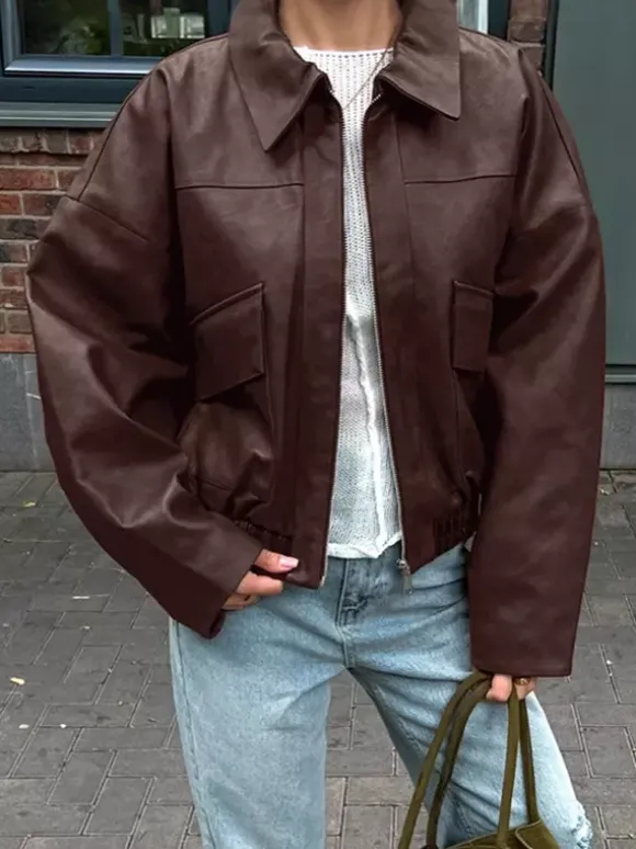 Veste de motarde femme en similicuir - Manteau moto rétro oversize à col à revers - Fermeture éclair vintage - Collection printemps 2026