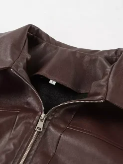 Veste de motarde femme en similicuir - Manteau moto rétro oversize à col à revers - Fermeture éclair vintage - Collection printemps 2026