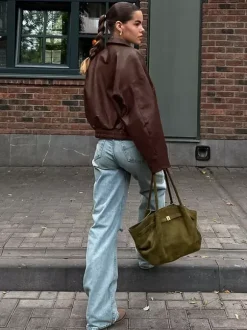 Veste de motarde femme en similicuir - Manteau moto rétro oversize à col à revers - Fermeture éclair vintage - Collection printemps 2026