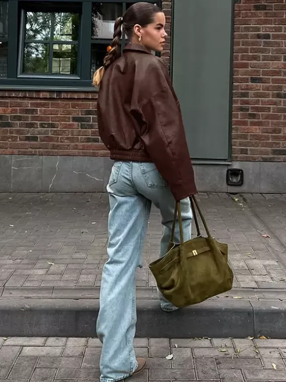 Veste de motarde femme en similicuir - Manteau moto rétro oversize à col à revers - Fermeture éclair vintage - Collection printemps 2026