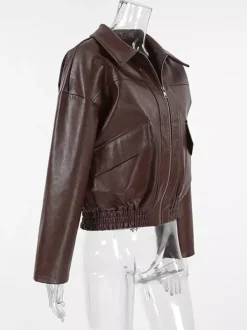 Veste de motarde femme en similicuir - Manteau moto rétro oversize à col à revers - Fermeture éclair vintage - Collection printemps 2026