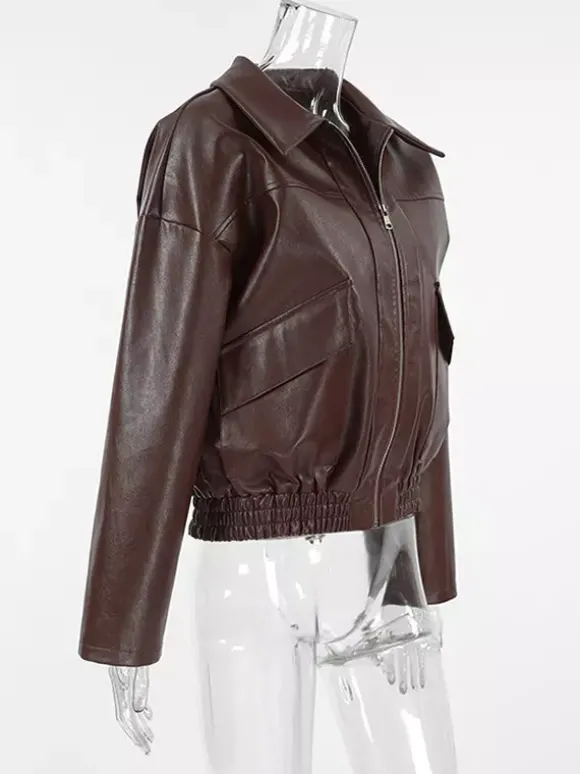 Veste de motarde femme en similicuir - Manteau moto rétro oversize à col à revers - Fermeture éclair vintage - Collection printemps 2026