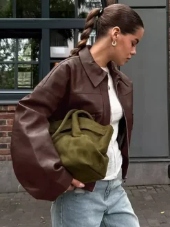 Veste de motarde femme en similicuir - Manteau moto rétro oversize à col à revers - Fermeture éclair vintage - Collection printemps 2026