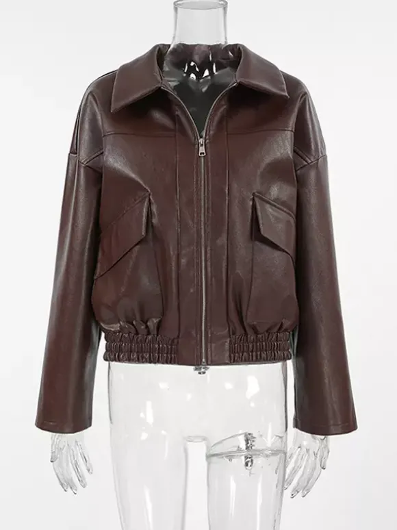 Veste de motarde femme en similicuir - Manteau moto rétro oversize à col à revers - Fermeture éclair vintage - Collection printemps 2026