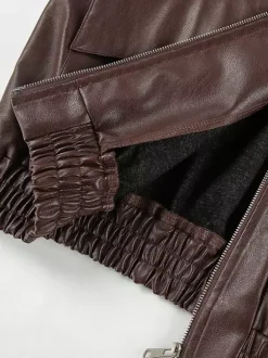 Veste de motarde femme en similicuir - Manteau moto rétro oversize à col à revers - Fermeture éclair vintage - Collection printemps 2026